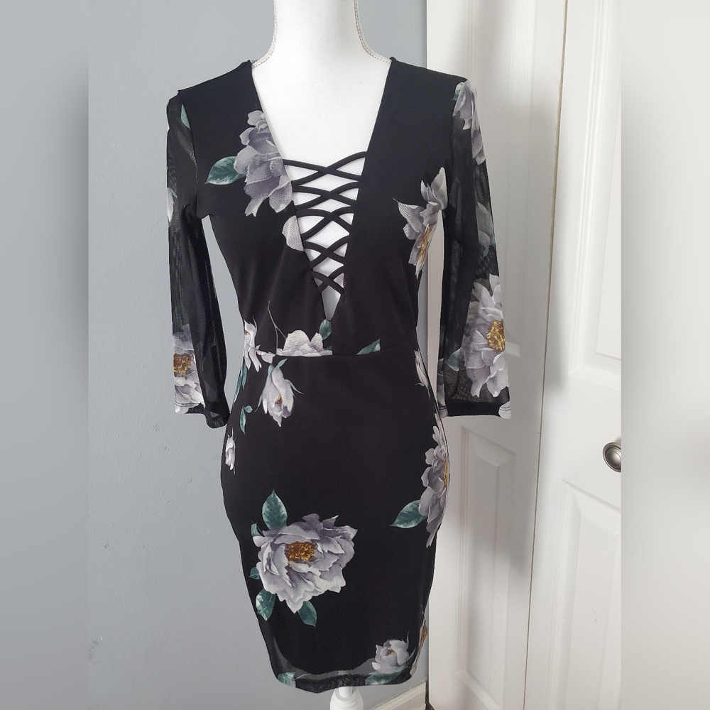 Long sleeve black with white flower dress
